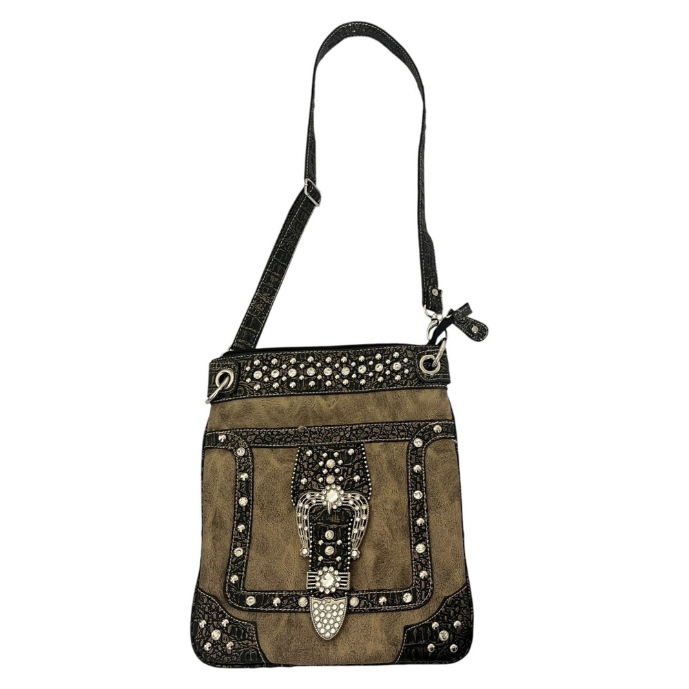 Western Crossbody Bag  Tooled Faux LeatherRhinestone Buckle Studded Purse‎
